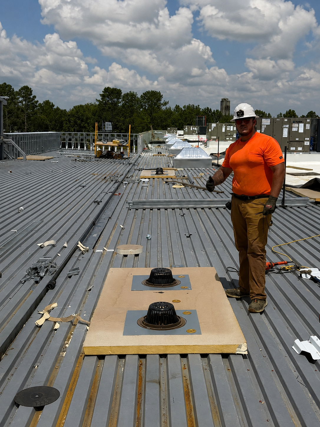 Webster & Sons technician installing roof drain penetrations on metal roof deck at BJ's Wholesale Club, Selma NC