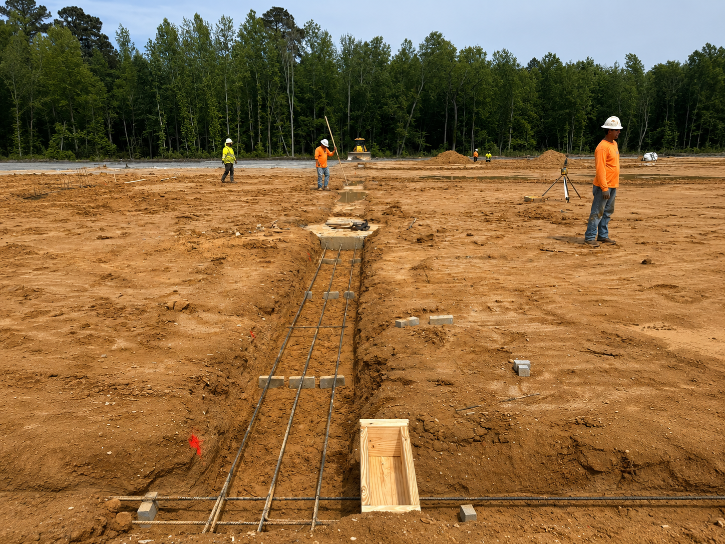 Webster & Sons crew surveying and laying out underground plumbing infrastructure at BJ's Wholesale Club site, Selma NC