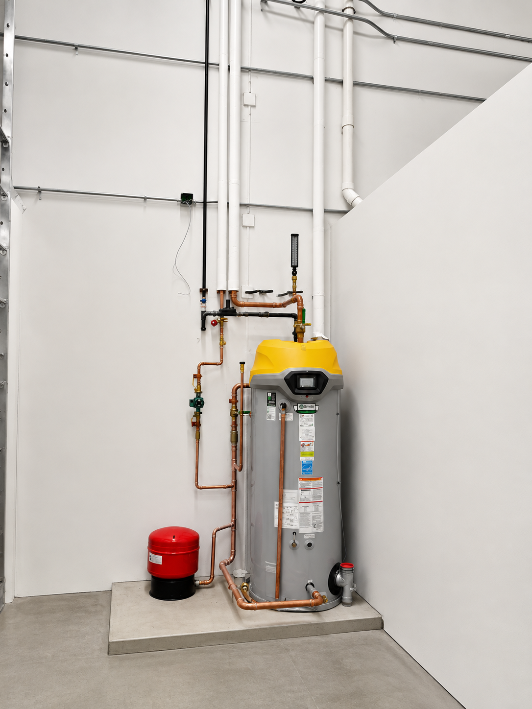 Commercial water heater with copper piping, expansion tank and mechanical connections installed at BJ's Wholesale Club, Selma NC