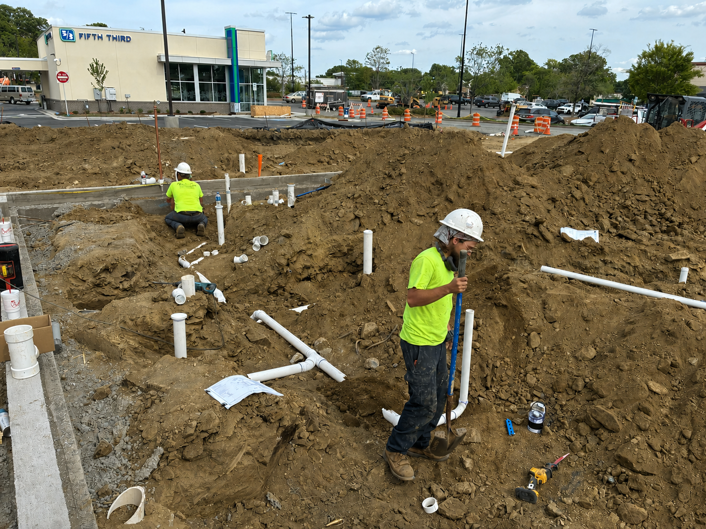 Webster & Sons crew installing underground PVC plumbing at Chipotle Charlotte