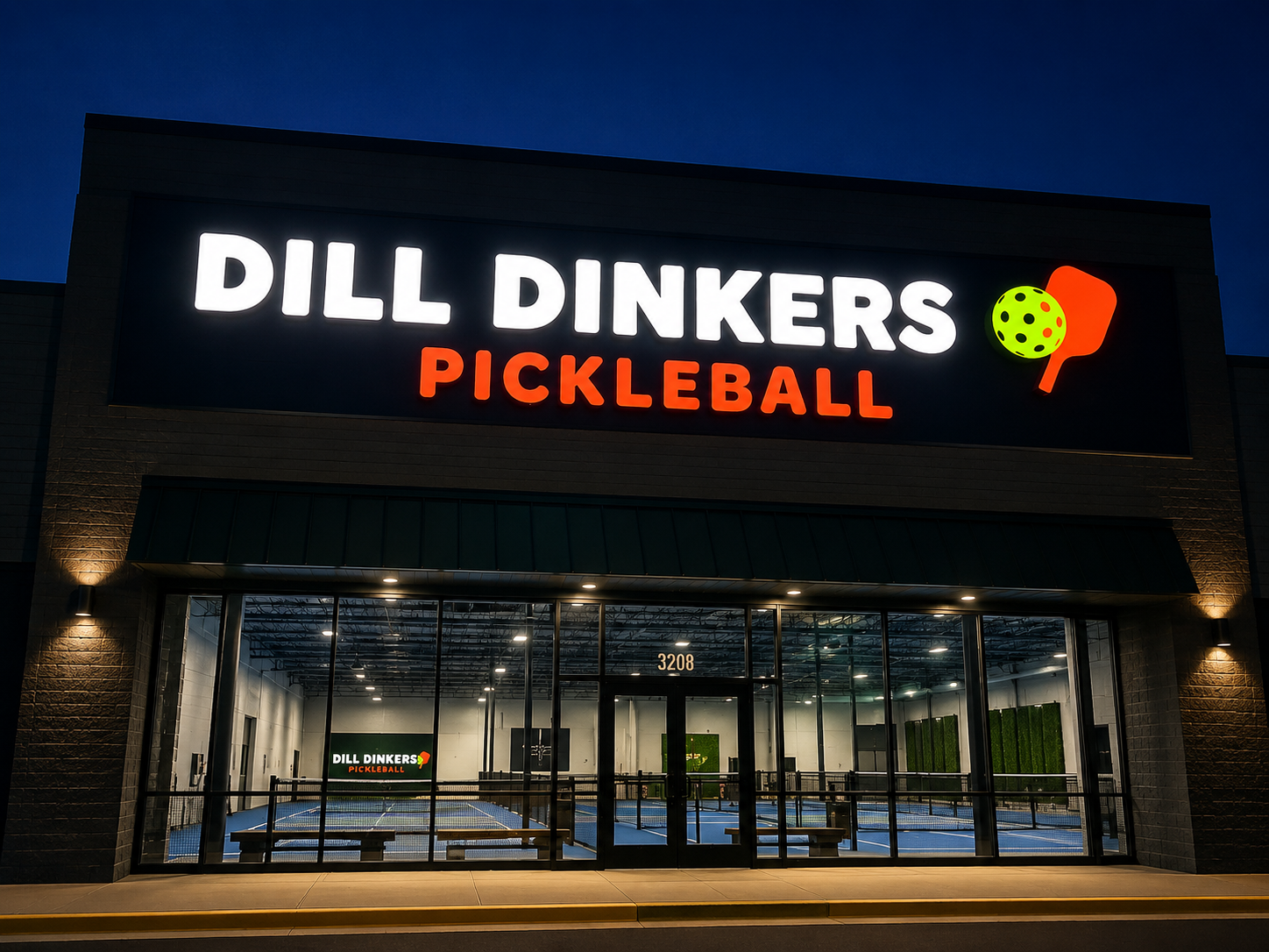 Completed Dill Dinkers Pickleball facility storefront at night, 3206 Silas Creek Pkwy, Winston-Salem NC