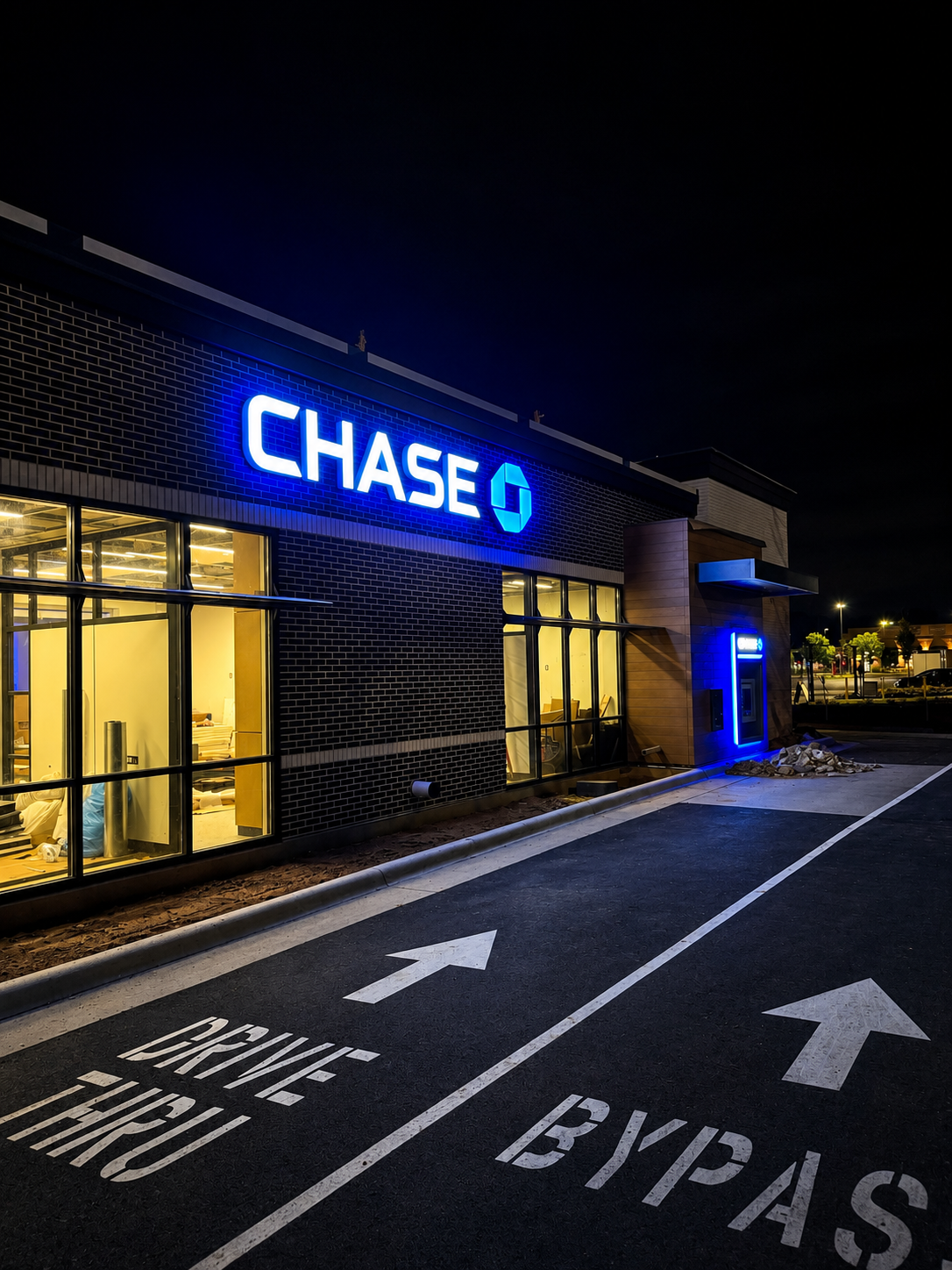Completed JP Morgan Chase Bank exterior at night, Chapel Hill NC