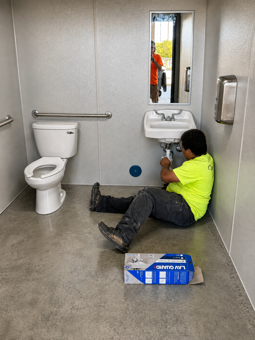 Webster & Sons plumber connecting commercial restroom fixtures at Mavis Tires & Brakes Greensboro