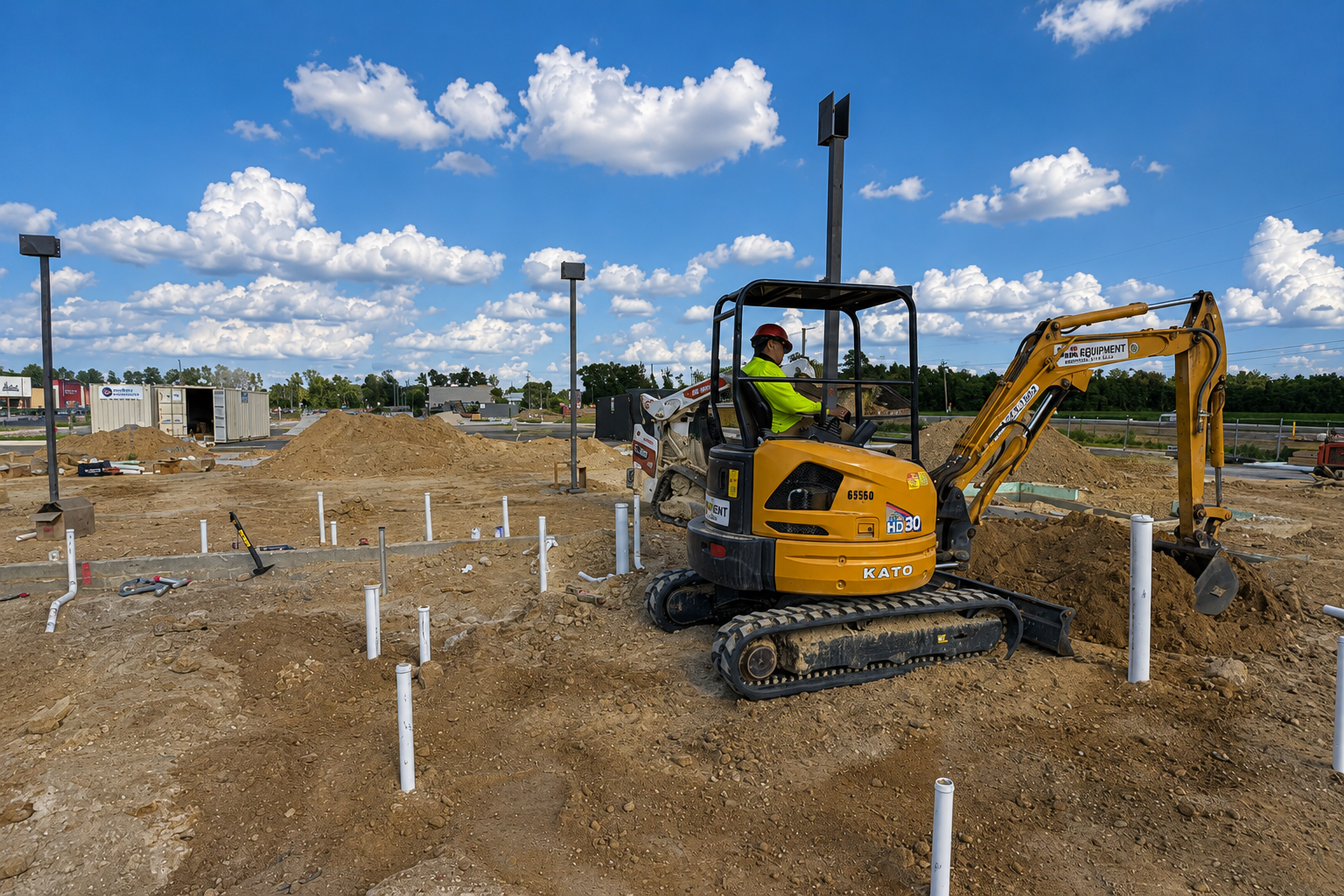 Webster & Sons operator running KATO mini-excavator during underground site preparation with PVC pipe stubs at Olive Garden Selma NC