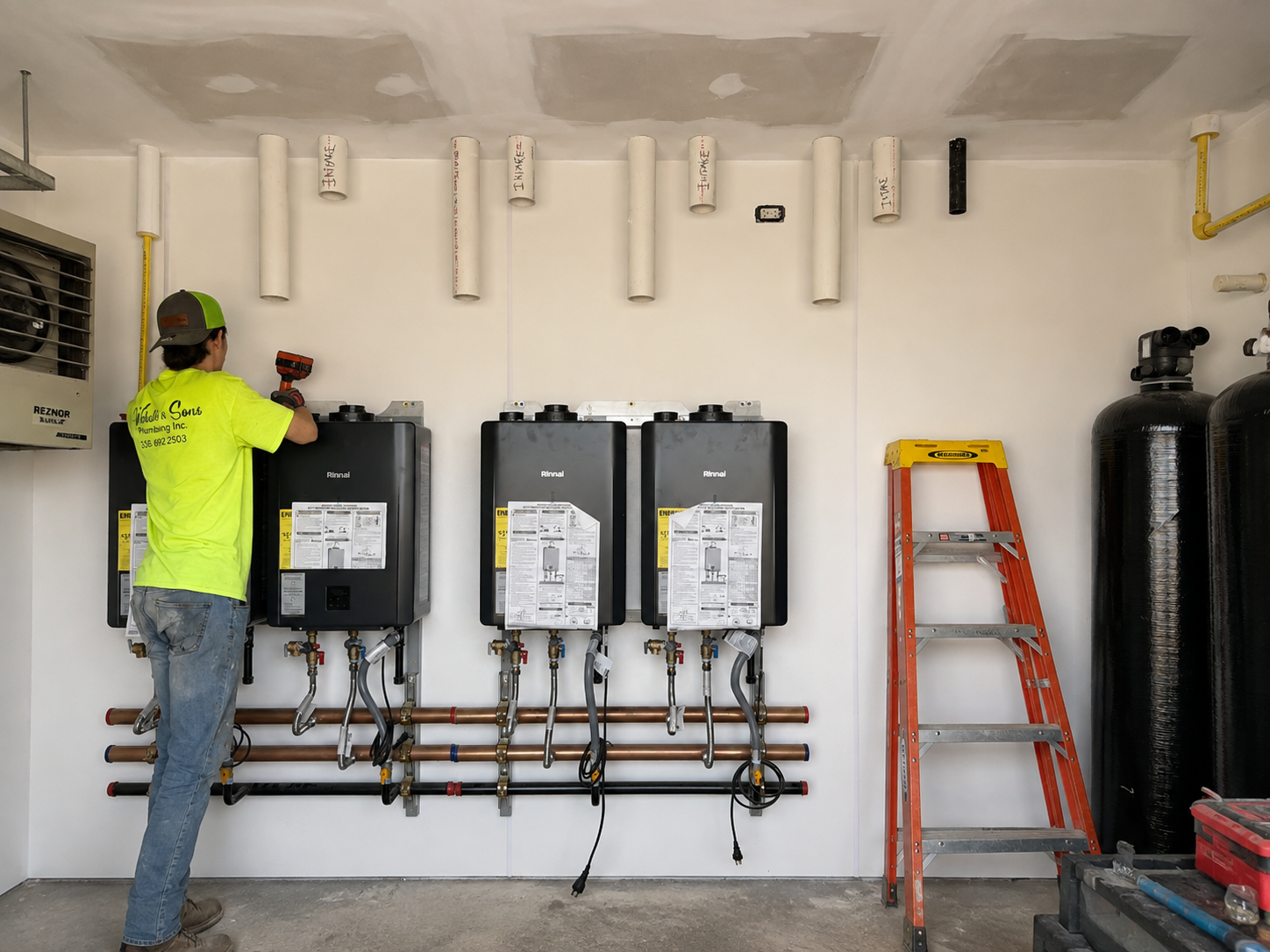 Webster & Sons technician installing bank of four Rinnai tankless water heaters with copper manifold at Olive Garden Selma NC