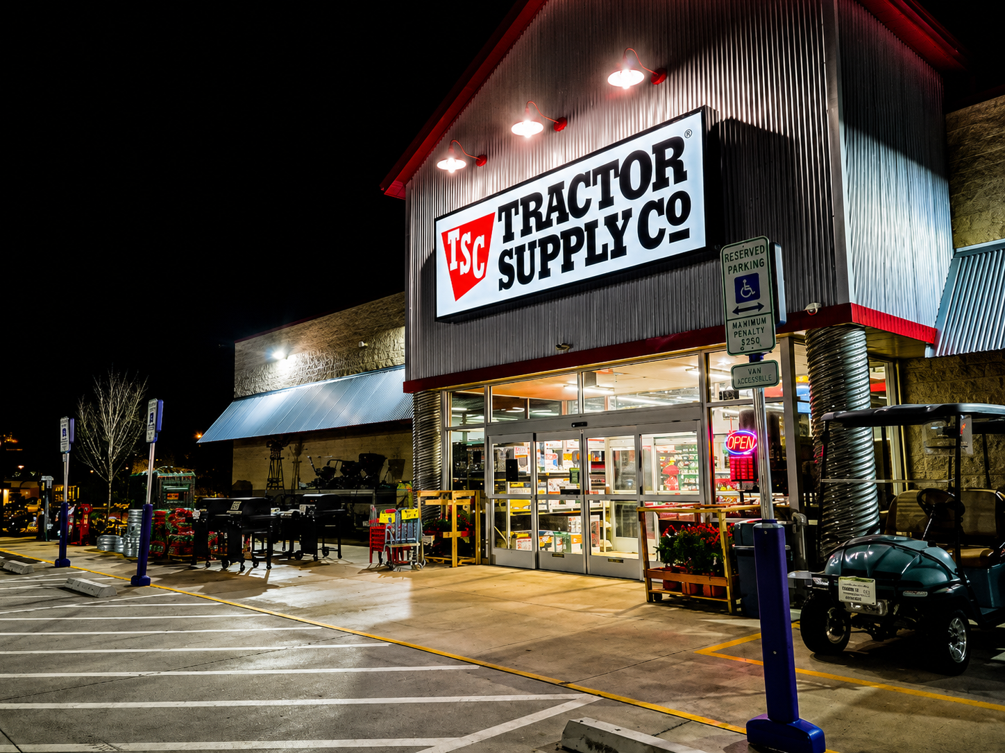 Completed Tractor Supply Co. storefront at night, Mebane NC